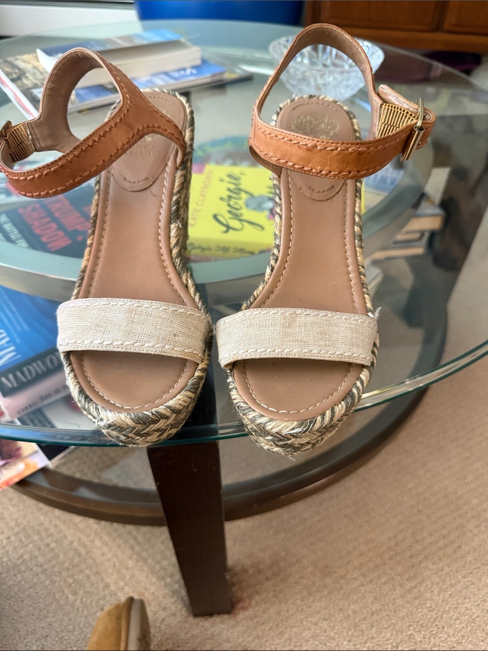 Vince Camuto Tan and Cream Espadrille Wedge Sandals